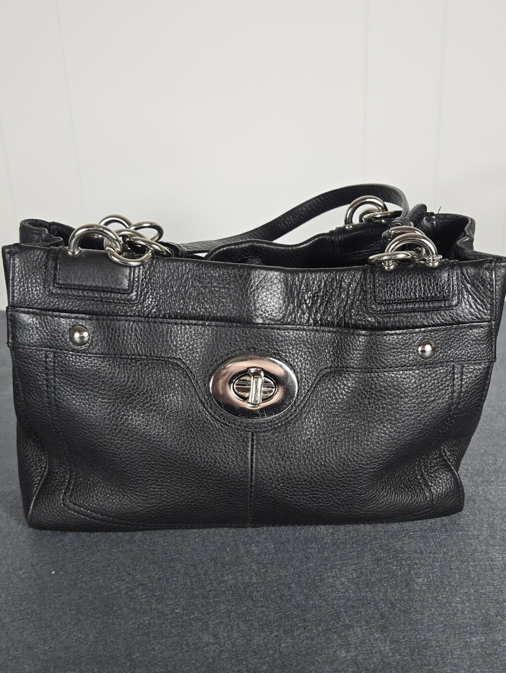 Coach 2010 Black Leather Shoulder Bag with Silver Hardware Iconic Travel Purse